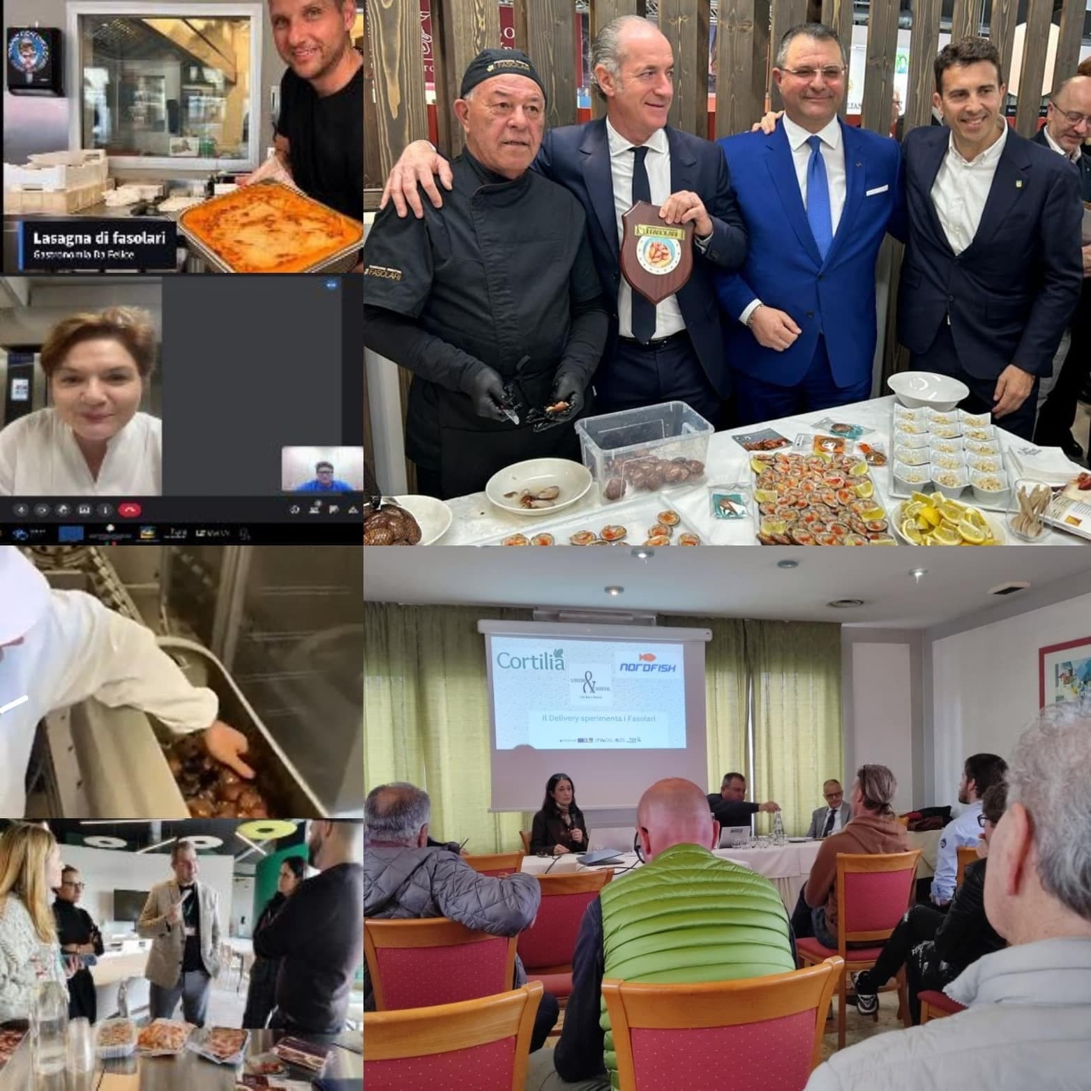 Composizione di fotografie del progetto: collegamenti con gli chef, degustazioni e l'evento finale